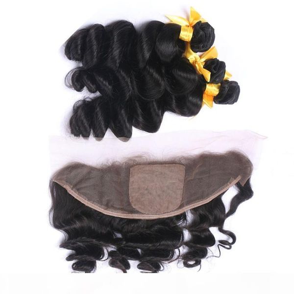

indian virgin human hair loose wave weave bundles 3pcs with frontal loose wavy silk base lace frontal closure 13x4 with virgin hair wefts, Black;brown