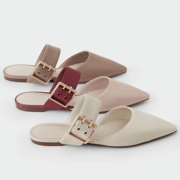 

slippers shoes pointed toe mules for women 2021 female rivet slides cover flat rome fabric basic rubber pu ladi, Black