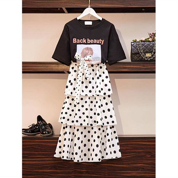 

2021 women will see solid bow tie t shirt + elastic waist droopy cascade skirt suit lady elegant polka dot cake skirts define z399 iw5w, Black;gray
