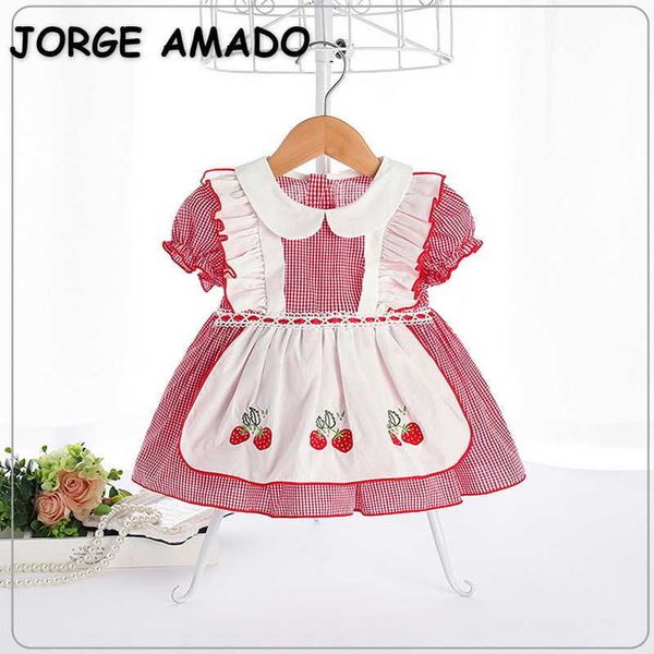 Verão bebê menina vestido curto sleeves sleeves morango bordado lolita estilo princesa crianças roupas e9230 210610
