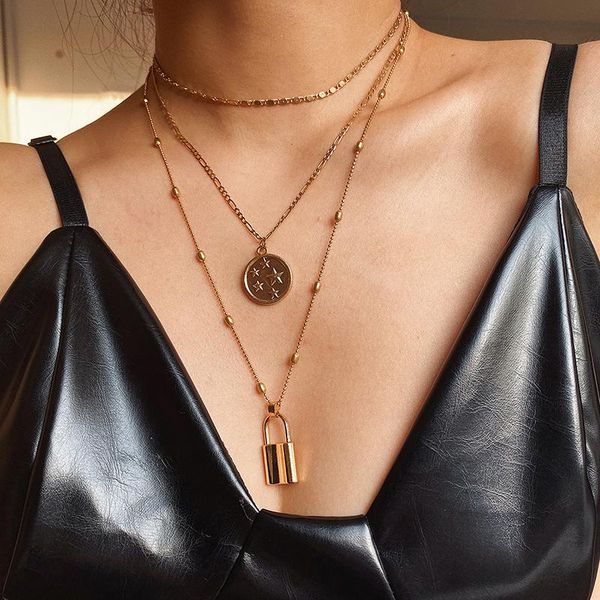 

pendant necklaces individuality hiphop multi layer lock necklace star padlock chunky fashion chain decoration on the neck, Silver