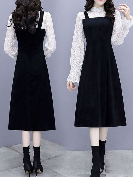 

2021 spring new lace splicing gold velvet fake two piece dress, Black;gray