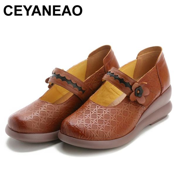 

sandals ceyaneaocasual shoes for women national genuine leather woman flowers wear resistant breathable mother muffin shoe, Black