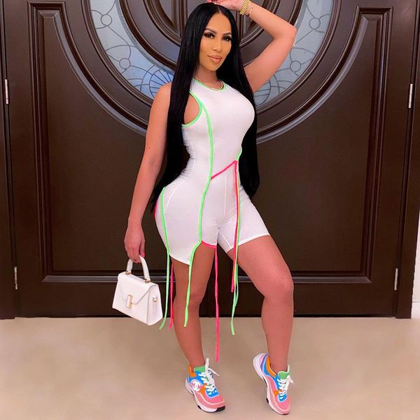 

contrast color stripe womens designer jumpsuits fashion tassel panelled sleeveless short pants womens jumpsuits casual sport style clothing, Black;white