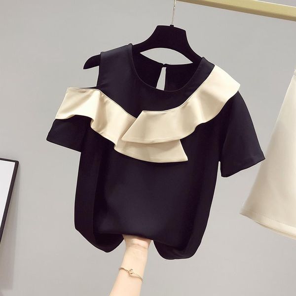 

women's blouses & shirts 2021 summer women o neck off shoulder short sleeve ruffles patchwork black female casual pullover shirt blous, White