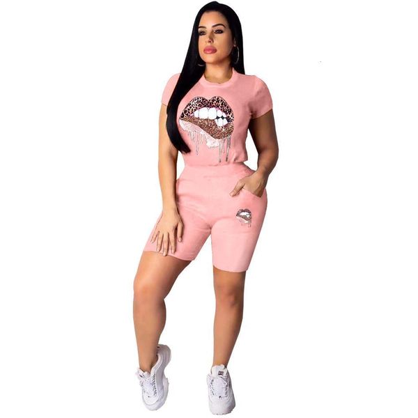 

women 2pcs set casual outfit crew neck short sleeve exaggerated lips print tracksuit t-shirt elastic waist shorts streetwear, Gray