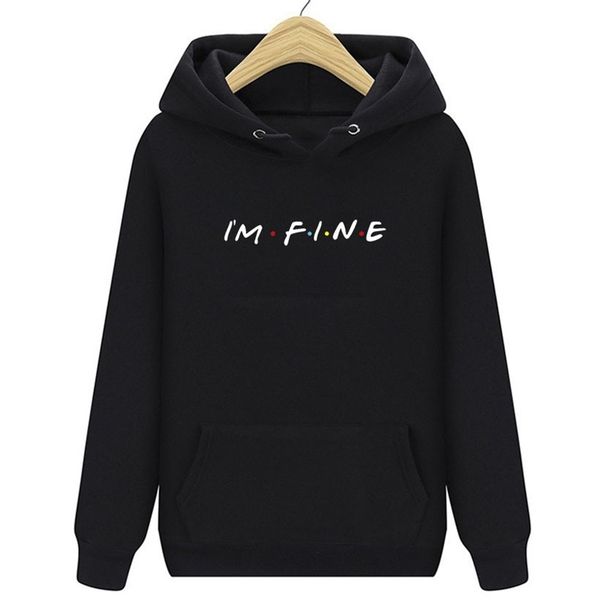 

new men's women's i'm fine letter personalized printing fashion trend long sleeve spring and autumn hooded sweater, Black