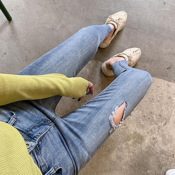 

women's jeans 2022 high waist stretch irregular female chic bottoms autumn skinny ripped holes women denim tassel women's, Blue
