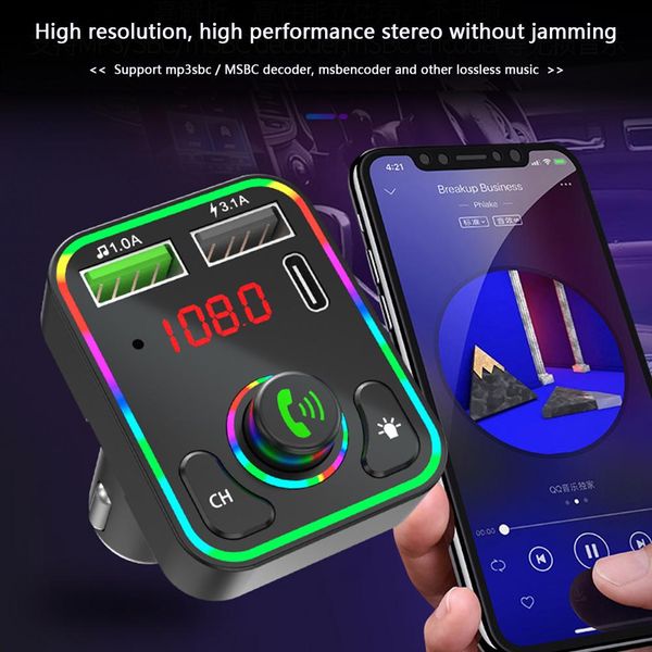 Caricabatterie per telefono per auto Adattatore F3 Trasmettitore FM vivavoce Bluetooth universale senza fili Audio Lettore musicale MP3 Dual USB PD 3.1A Ricarica rapida con retroilluminazione a LED colorata