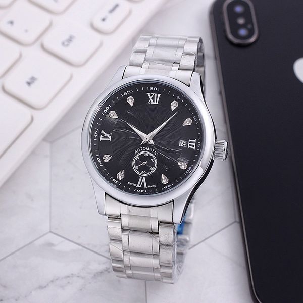 

elegant men's watch two-hand semi-automatic mechanical movement, six-position small hand with second calendar window, Slivery;brown