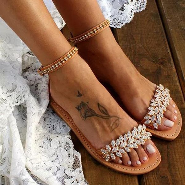 

flat bottom rhinestone all-match sandals woman 40-43, Black