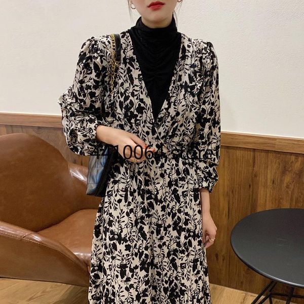 

casual dresses office lady korean retro half high collar wrinkle sense stitching fake two-piece dress elegant woman floral print long, Black;gray