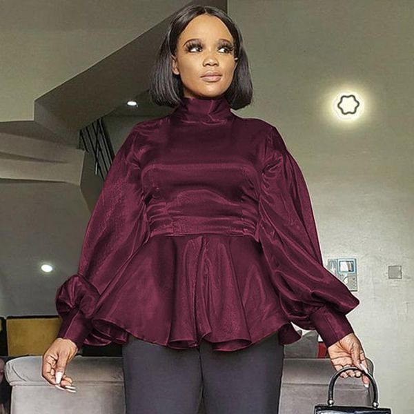 

women's blouses & shirts autumn blouse solid waisted smooth long puff sleeves ruffle hem female office lady plus size 2021, White