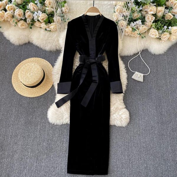 

casual dresses 2021 women black long sleeve party dress temperament high waist vintage velvet autumn and winter, Black;gray
