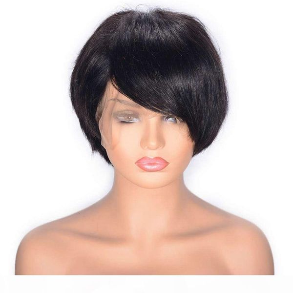 

pre plucked human hair short wigs brazilian hair straight lace front human hair wigs for women 8" natural color, Black;brown