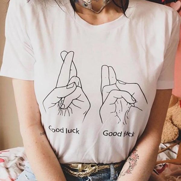 

cute fingers good luck goodfuck t-shirt women graphic 100% cotton aesthetic funny vintage fashion grunge tee tshirts, White