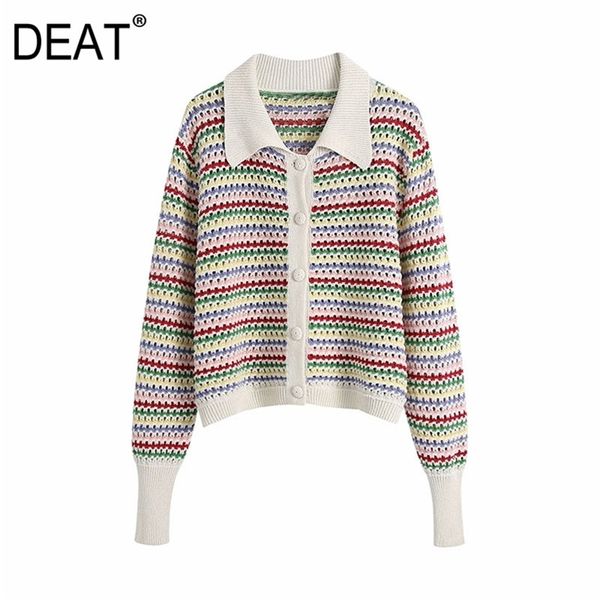 

[deat] spring fashion single-breasted stripe long sleeve turn-down collar hollow out knitting women sweater 13c687 210527, White