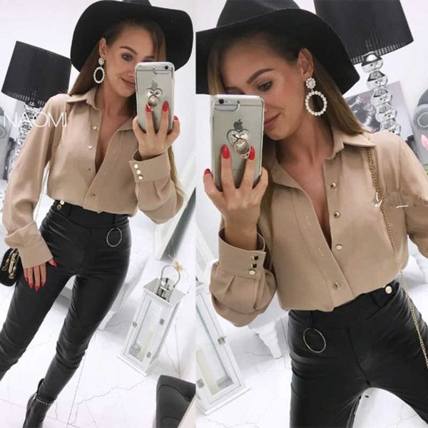

women's knits & tees knits women office lady front button and blouse long sleeve turn down collar solid elegant casual shirt autumn fas, White