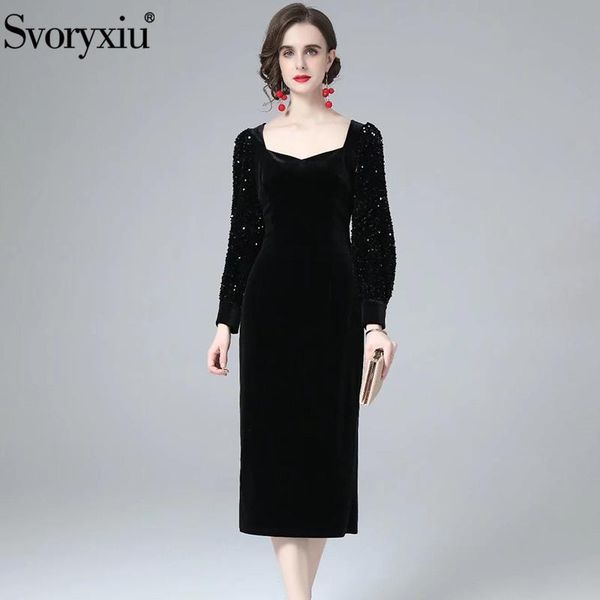 

casual dresses svoryxiu fashion woman autumn black elegant knee-length dress square collar solid sequins long sleeve slim party xxl, Black;gray