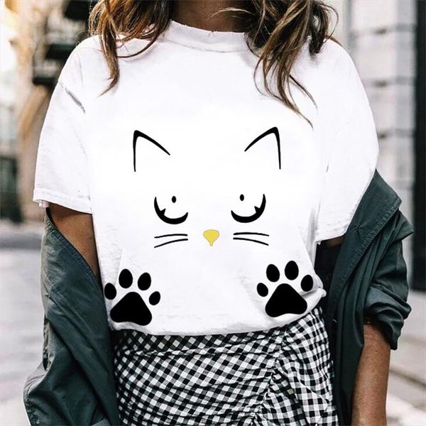 

cartoon cat face print and men t shirt women short sleeve o neck loose summer clothes camisetas mujer, White;black