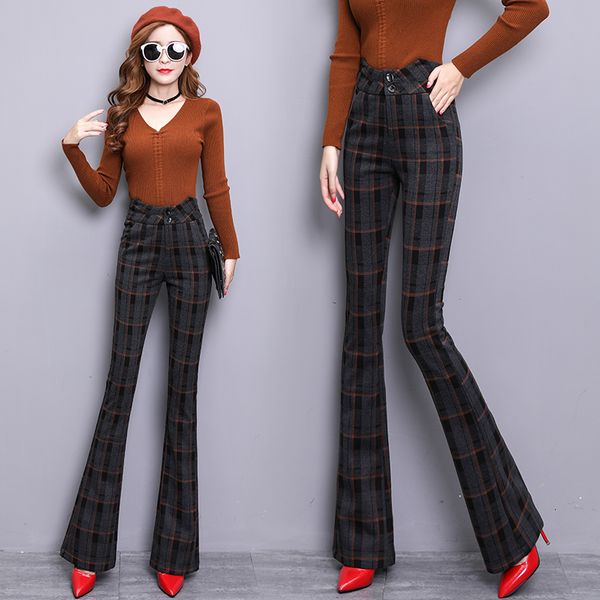 

2021 new lower temperament high woolen waist micro bell mesh elastic casual women's thick pants 4153, Black;white