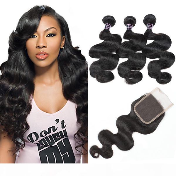 

peruvian human hair weave 3bundles with lace closure human hair extensions 10a brazilian hair bundles with closure body wave wholesale, Black