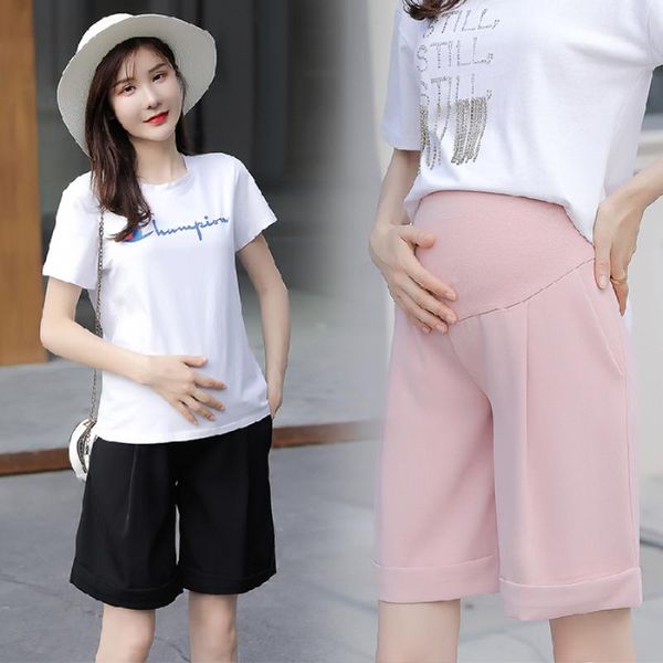 

6010# summer casual straight chiffon maternity half pants belly short pants clothes for pregnant women loose pregnancy shorts, White