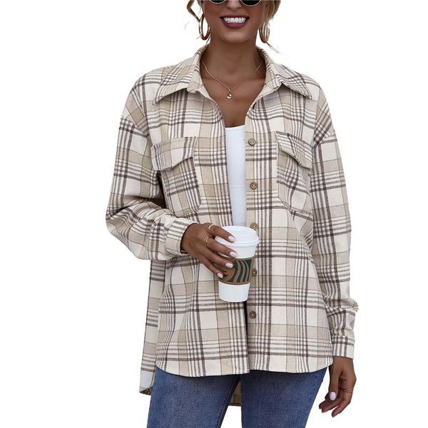 

women's spring autumn shirt style plaid jackets long sleeve turn-down collar casual streetwear loose buttoned, Black