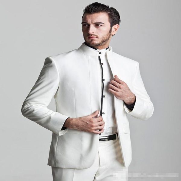 

men's suits & blazers 2021 est stand collar white handsome slim fit 2 pieces bridegroom wear casual dinner party blazer (jacket +pants), White;black