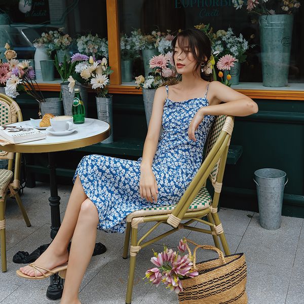 

2021 new ditsy floral slip women blue spaghetti strap long bodycon beach holiday summer strapless pzcf, Black;gray
