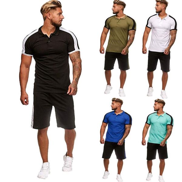 

2021 new joining together summer men set fitness suit sporting suits short sleeve t shirt + shorts stripe print 2 piece set#g30, White;black