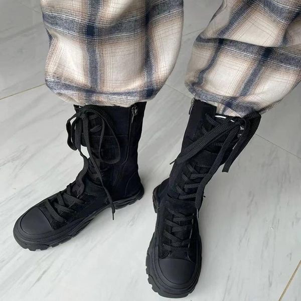 

boots fashion women's black camel canvas mid-calf cross-tied knight motorcycle shoes streetwear z4