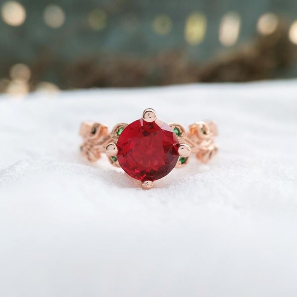 

cluster rings dainty fashion woman rose gold engagement ring charm red crystal leaf branch promise wedding anniversary jewellry, Golden;silver