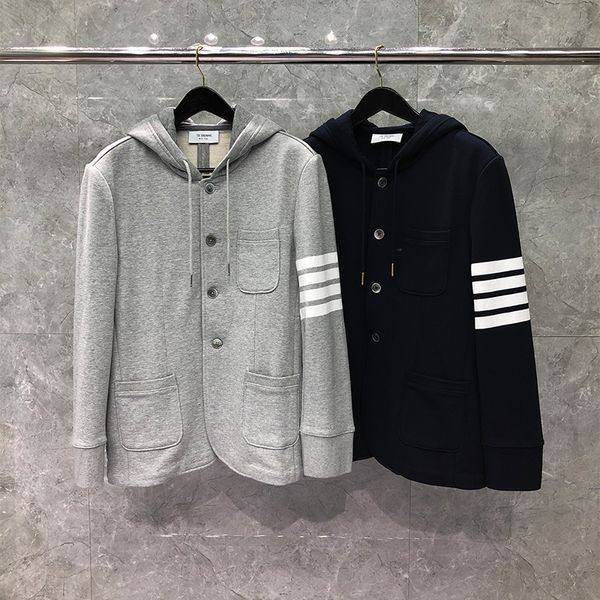 

hooded designer blazers autunm winter 4-bar loopback stripes luxury male suit for korean fashion fine cotton yarn-dyed hoodies jacket casual, White;black
