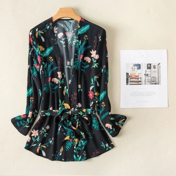 

2021 new camisa cardig francesa floral estampado de viscose wrap blusa t95e, Black