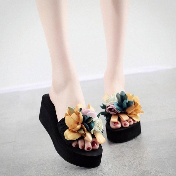 

summer slippers women flip flops platform slip-on open toe wedges heels slides shoes ladies causal flower fashion slipper #0424 21dt#, Black