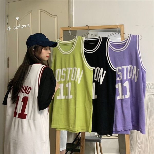 

summer harajuku sleeveless t-shirt student basketball causal print letter loose sports ball suit female long t-shirt women 210315, White