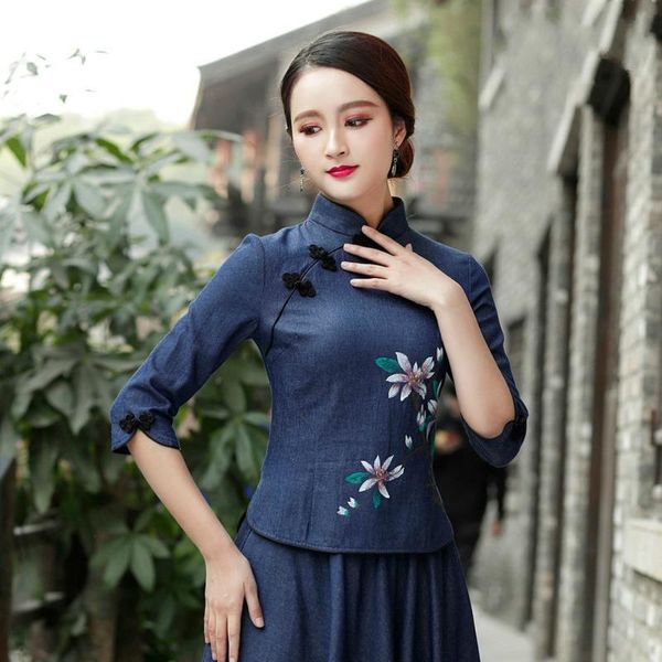 Étnica roupas sheng coco estilo chinês denim tops mão pintado flores qipao blusa cowboy azul cheongsam camisa sete manga mulher