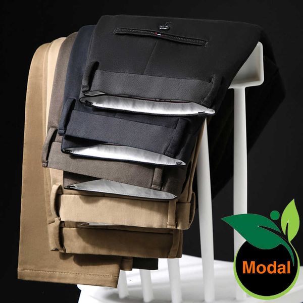 

men's pants autumn modal fabric casual office business fashion straight elastic anti-wrinkle brand trousers khaki black efd7