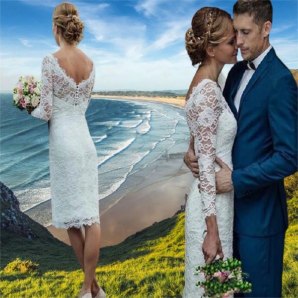 Abito da sposa estate spiaggia in pizzo 2021 Guaina Breve V-scollo a V su misura Abiti da sposa a maniche lunghe