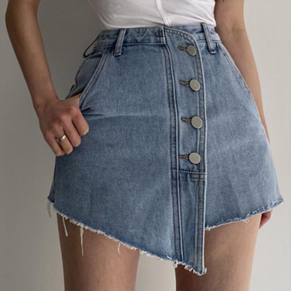 

[ewq] korea chic casual women shorts fashion solid button burring irregular loose washed blue jeans skirt summer 16e23, White;black
