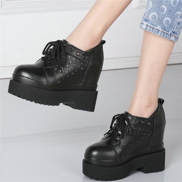 

breathable pumps shoes women genuine leather wedges high heel ankle boots female round toe summer fashion sneakers casual shoes, Black