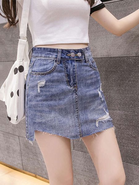 

2021denim women's irregular hole 2021 summer new high waist slim a-line short skirt with buttocks, Blue