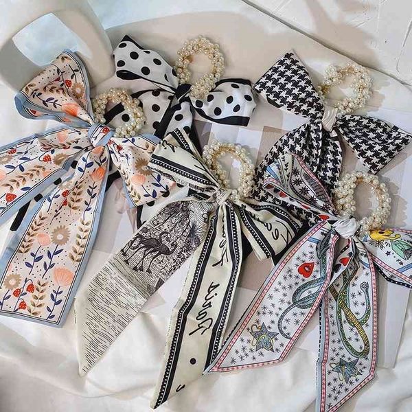 

korea's new silk south scarf pearl streamer circle bow knot head super fairy binding belt temperament elegant hair rope, Black;brown