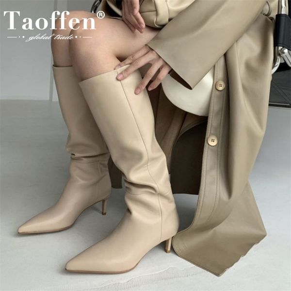 

taoffen size 33-43 women genuine leather knee high boots pointed toe thin heel slip on party club winter ladies footwear 211103, Black