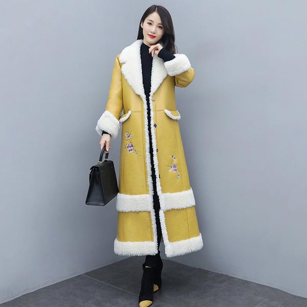 

women's fur & faux women leather coat winter 2021 fashion elegant embroiderythick warm double-faced outerwear loose long female coats, Black