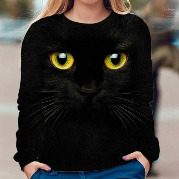 

women's hoodies & sweatshirts womens cat printedsweatshirt long sleeve harajuku pullovers autumn winter ear hooded, Black