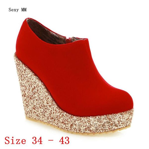 

boots platform shoes women wedges ankle high heels wedge short heel plus size 34 - 40 41 42 43, Black