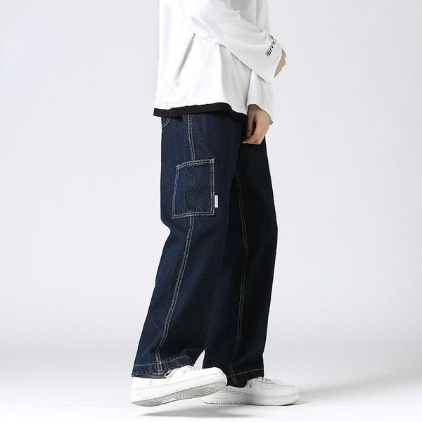 

men's pants korean ins retro street large pocket wide leg casual straight tube denim for men japanese streetwear, Black