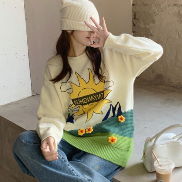 

sweater knit korean girls autumn and winter women's clothing contrast cartoon jacquard round neck three-dimensional hook sunflower pull, White;black